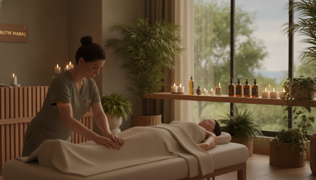 A serene and inviting interior of a massage salon named "Butik Masaj" in Büyükçekmece. In the foreground, a professional massage therapist, dressed in a stylish and modest outfit, is gently working on a client lying comfortably on a massage table. Soft, warm lighting bathes the room, highlighting the calming colors of the décor, which include earthy tones and natural materials. In the middle ground, various massage oils and soothing candles are carefully arranged on a shelf, adding a tranquil ambiance. In the background, lush plants enhance the sense of relaxation, while a softly blurred window reveals a glimpse of a peaceful outdoor scene. The overall atmosphere conveys calmness and professionalism, ideal for a high-quality massage experience.