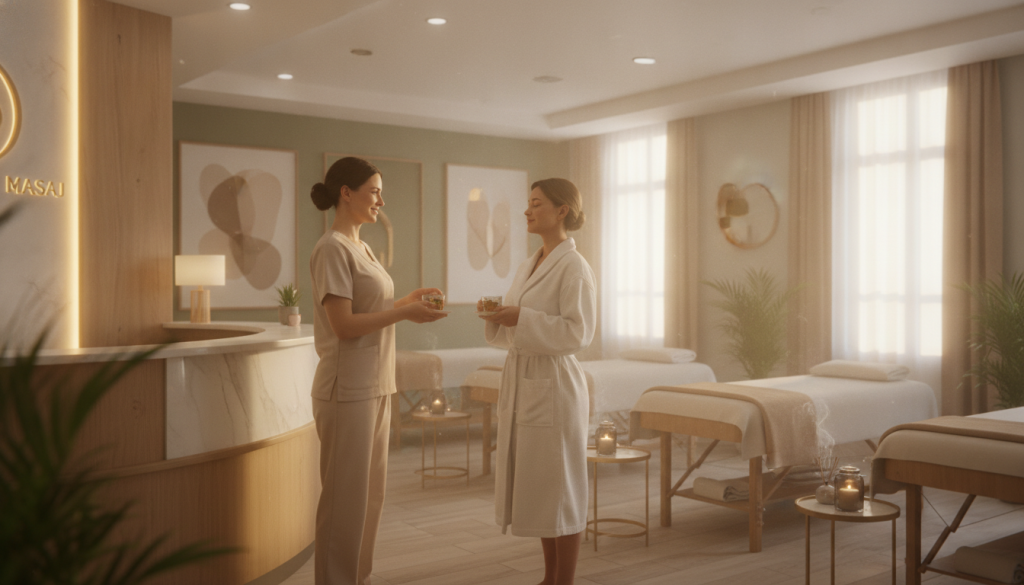 A serene and inviting interior of a massage salon named "Butik Masaj" in Göktürk, showcasing a sleek reception area with soft, warm lighting. In the foreground, a smiling professional massage therapist in modest clothing greets a satisfied client, conveying a sense of relaxation and comfort. The middle layer features elegantly arranged massage tables with gentle, calming decor elements such as plants and aromatherapy candles. The background should include soft, muted colors and abstract art, enhancing the tranquil atmosphere. A soft-focus lens effect emphasizes the soothing mood, while sunlight filters through large windows, casting a gentle glow over the space, creating an inviting and peaceful environment for potential clients.