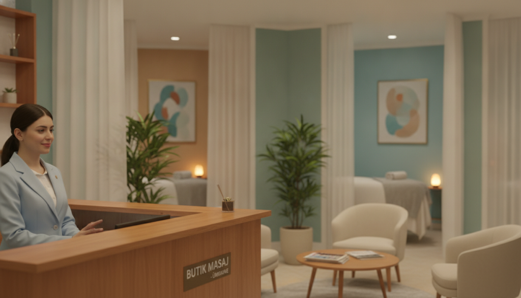 A serene and inviting interior of a massage salon named "Butik Masaj" in Ümraniye, featuring a tranquil atmosphere with soft ambient lighting. The foreground showcases a warm, wooden reception desk with a friendly staff member in professional business attire, welcoming clients. In the middle, there are lush potted plants and comfortable seating arrangements, creating a relaxing environment. The background reveals massage rooms subtly decorated with calming colors, soft fabrics, and soothing artwork, emphasizing relaxation and wellness. The overall mood is peaceful and rejuvenating, capturing the essence of a high-quality massage experience in Ümraniye. The scene should be depicted with a soft focus lens effect to enhance the tranquil feel.