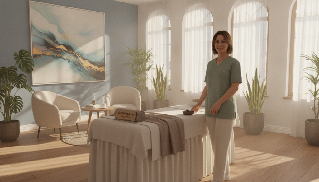 A serene and inviting massage consultation scene, featuring an elegant treatment room at "Butik Masaj" in Maltepe. In the foreground, a professional massage therapist in modest attire stands beside a beautifully made massage table adorned with soft, clean linens. The middle of the image shows a cozy waiting area with lush plants, soothing art on the walls, and calming colors. The background highlights large windows allowing warm natural light to stream in, creating a tranquil atmosphere. Soft shadows dance on the polished wooden floor, enhancing the feeling of relaxation. The overall mood is peaceful and welcoming, emphasizing a sense of professionalism and comfort, perfect for a massage appointment setting.