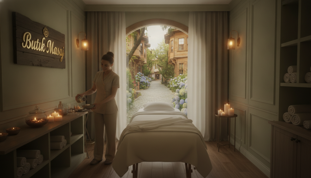 A serene and inviting massage parlor scene in Beykoz, showcasing "Butik Masaj". The foreground features a tranquil massage room with elegant wooden decor, soft lighting, and soothing colors. A massage table is set up with fresh linens, aromatic candles flickering gently. In the middle ground, a skilled therapist, dressed in smart professional attire, prepares natural oils, exuding a calm and inviting energy. The background shows a glimpse of the Beykoz neighborhood, with charming, leafy streets and quaint houses, reflecting the area's unique character. The lighting is warm and soft, creating a relaxing atmosphere, while a slight vignette effect draws focus to the massage setup. The overall mood is serene and welcoming, perfect for a peaceful retreat.