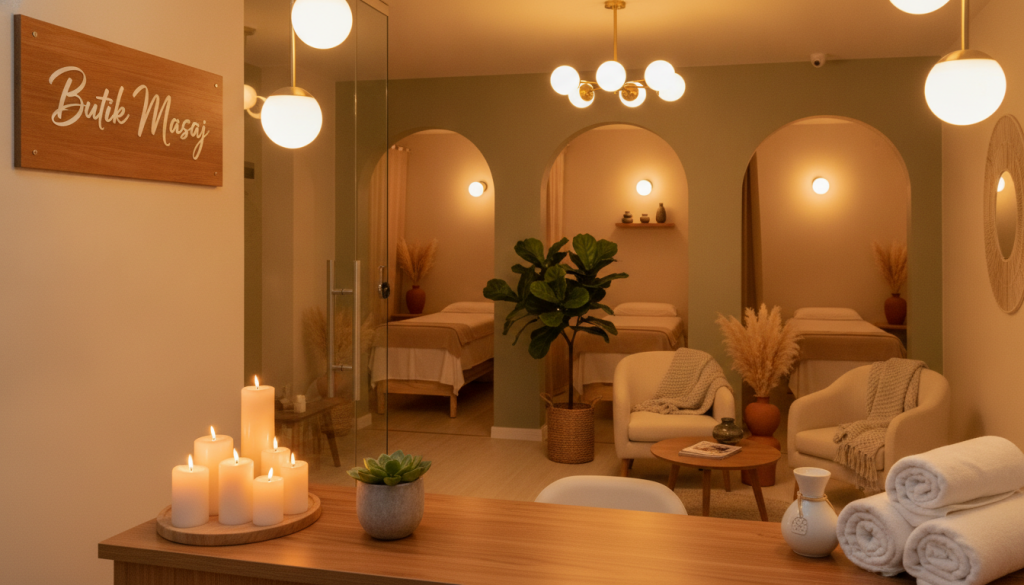 A serene and inviting massage parlor scene titled "Butik Masaj" located in Kavacık. In the foreground, a beautifully arranged reception desk with elegant decorative elements, such as candles and plants. In the middle ground, a cozy waiting area featuring comfortable seating, ambient lighting, and soft textiles. To the background, a glimpse of private treatment rooms with soothing decor, calming colors, and natural materials. The lighting is warm and inviting, illuminating the space with a tranquil glow, while the angle captures the welcoming essence of the parlor. The atmosphere conveys relaxation and professionalism, ideal for a local guide imagery.