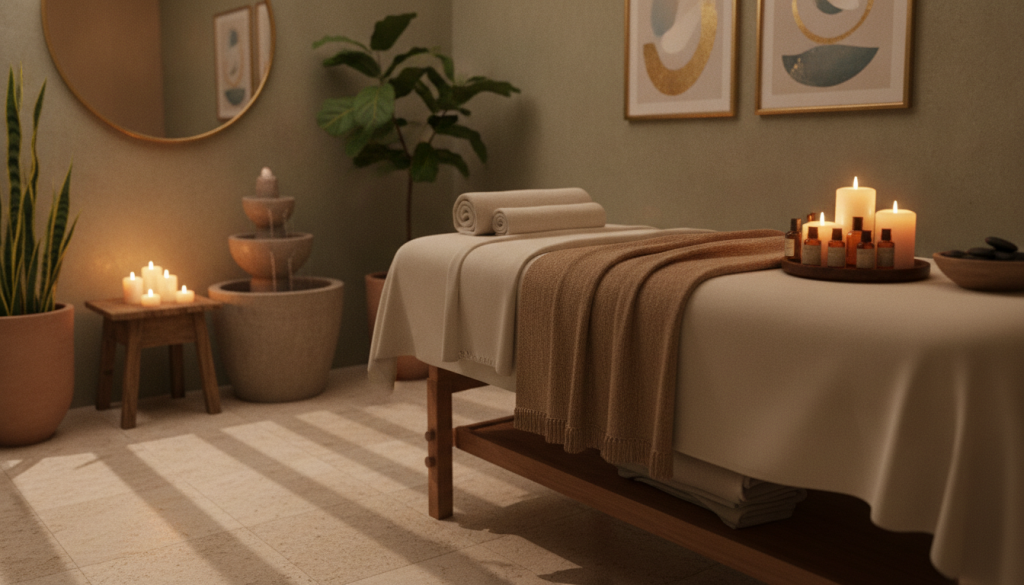 A serene and inviting massage room, designed for "Butik Masaj" services. In the foreground, a comfortable massage table draped with fresh, soft linens, adorned with candles and essential oils creating a calming atmosphere. The middle ground features a tranquil setting with warm lighting, gentle shadows cast by flickering candles, and a small fountain that adds a soothing sound of flowing water. The background includes potted plants and calming artwork that complements the relaxation theme. The overall mood conveys peace and rejuvenation, emphasizing preparation for a massage experience and mindful relaxation afterward. The image should focus on ambience, avoiding human subjects to maintain a professional and serene setting.