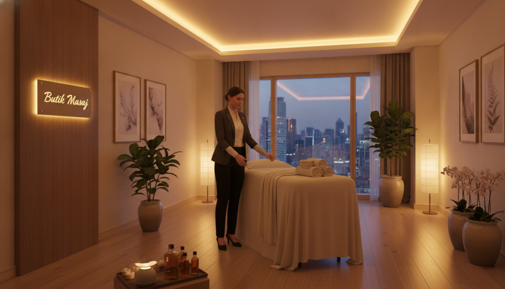 A serene and inviting massage room set in a luxurious hotel or residence, designed for a professional spa experience. The foreground features a neatly arranged massage table with soft, folded towels and aromatic essential oils. In the middle, a therapist in a professional business attire gently prepares the room, embodying a calming presence. Warm, soft lighting enhances the tranquil atmosphere, casting a golden glow that reflects off elegant decor, which includes potted plants and soothing artwork. In the background, large windows offer a view of a vibrant cityscape, blending urban sophistication with relaxation. The brand name "Butik Masaj" is elegantly displayed on a subtle sign within the room, contributing to the upscale ambiance. The scene evokes feelings of comfort, professionalism, and anticipation, perfect for setting the stage for a rejuvenating appointment.