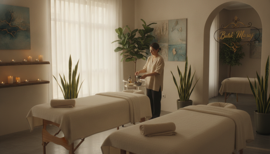 A serene and inviting massage salon in Büyükçekmece, featuring a tasteful decor with soft, warm lighting that creates a calming atmosphere. The foreground includes neatly arranged massage tables with plush linens and aromatic candles placed on wooden shelves. In the middle, a professional massage therapist in modest casual clothing prepares oils and accessories, ensuring a welcoming feel. The background showcases soothing artwork, plants, and a tranquil ambiance, enhancing relaxation. Natural light filters through sheer curtains, casting gentle shadows. The brand name "Butik Masaj" is elegantly displayed on a decorative sign near the entrance. The overall mood is peaceful and rejuvenating, ideal for a wellness retreat.