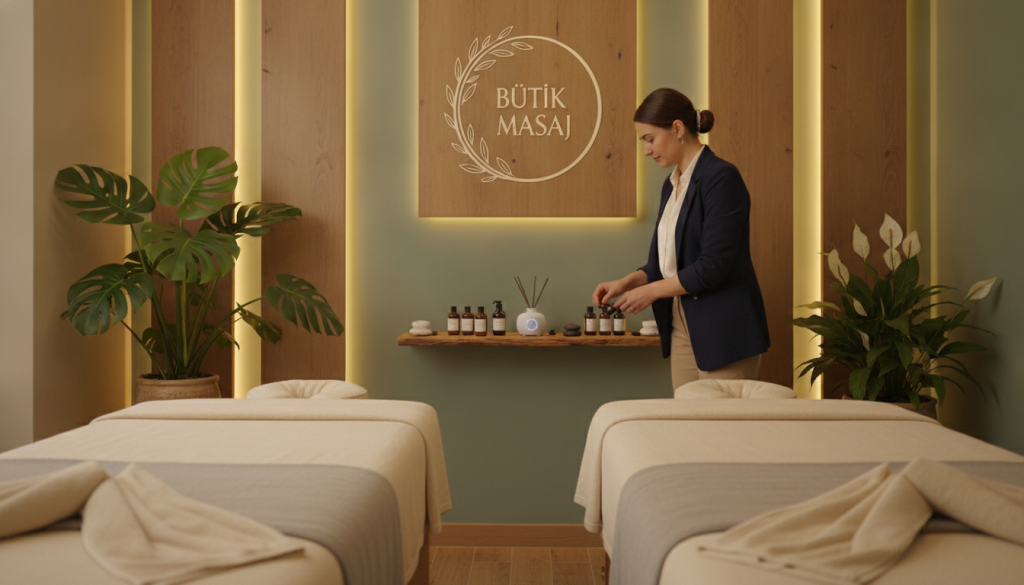 A serene and inviting massage salon interior in Sefaköy, featuring a cozy atmosphere. The foreground showcases plush massage tables draped in soft, neutral-toned linens, surrounded by lush indoor plants for a calming effect. In the middle ground, a skilled massage therapist, dressed in professional business attire, prepares essential oils on a small wooden shelf. The background reveals softly lit ambient lighting, with gentle wall colors enhancing the tranquil environment. A logo for "Butik Masaj" is subtly integrated into the decor. The image captures an overall mood of relaxation and trustworthiness, ideal for showcasing reliable massage salons in Sefaköy. Use warm and welcoming lighting to create a peaceful vibe, focusing on an inviting angle that draws the viewer into the space.