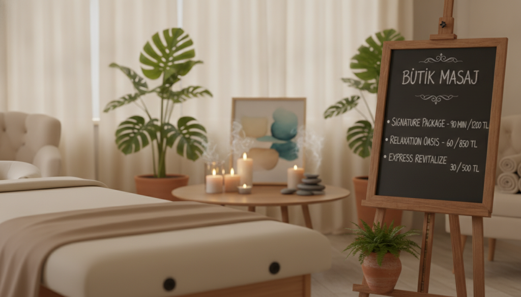A serene and inviting massage salon interior, showcasing a beautifully arranged space that emphasizes relaxation and tranquility. In the foreground, a wooden massage table is elegantly draped with soft, neutral-toned linens. To the side, an elegant display of "Butik Masaj" pricing options can be seen on a tasteful wooden stand, featuring various package tiers. In the middle ground, soothing elements such as potted plants, scented candles, and calming artwork enhance the atmosphere. The background features a softly lit room, with warm diffused lighting creating a comforting ambience that invites relaxation. The scene is captured with a slight depth of field to focus on the pricing display, evoking a calm and professional mood perfect for a massage service context.