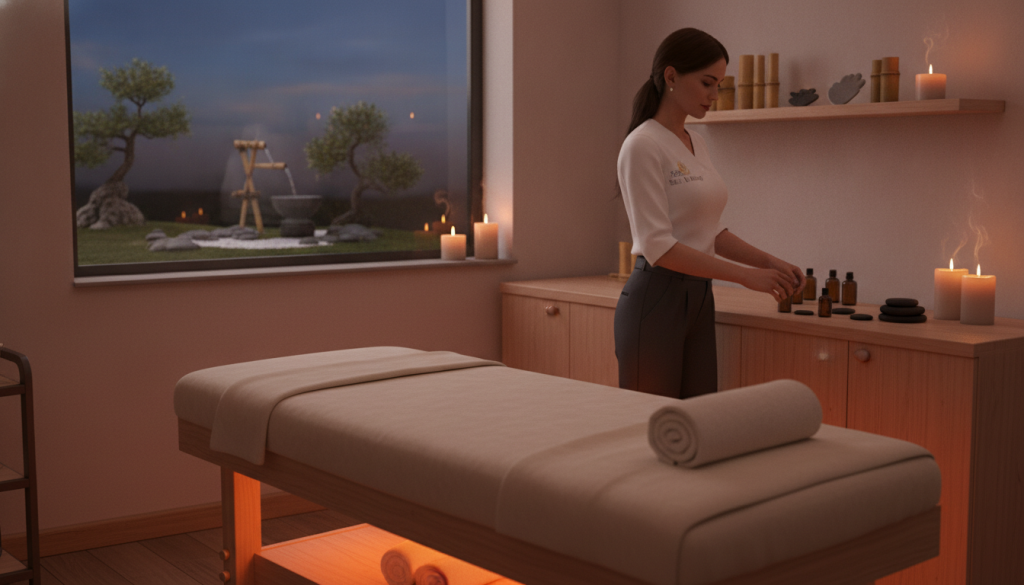 A serene and inviting massage salon interior, showcasing a professional massage therapy setup. In the foreground, a massage table with soft, neutral-colored linens is gently illuminated by warm, diffused lighting creating a calming atmosphere. A therapist, dressed in professional business attire, prepares essential oils on a nearby countertop. In the middle ground, various massage tools and aromatic candles are prominently displayed, emphasizing relaxation and healing. The background includes a tranquil zen garden visible through large windows, enhancing the peaceful ambiance. Overall, the image conveys comfort, professionalism, and tranquility, ideal for illustrating "Butik Masaj" services in a thoughtful selection process. The lighting is soft and warm, shot from a slightly elevated angle to capture all elements harmoniously.