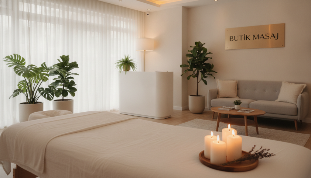 A serene and inviting massage salon interior, showcasing a stylish and modern design. In the foreground, a cozy massage table is elegantly arranged with soft white linens and a few aromatic candles, creating a tranquil atmosphere. In the middle ground, a well-decorated reception area features sleek furniture, plants, and a sign that reads "Butik Masaj," subtly emphasizing quality. The background highlights large windows letting in soft, natural light, enhancing the relaxing ambiance. Use a warm, inviting color palette with soft lighting that evokes calmness. Capture the scene from a slightly elevated angle to provide depth, allowing viewers to feel the soothing environment. The overall mood should be peaceful and welcoming, perfect for illustrating the choice of massage salons or spas.