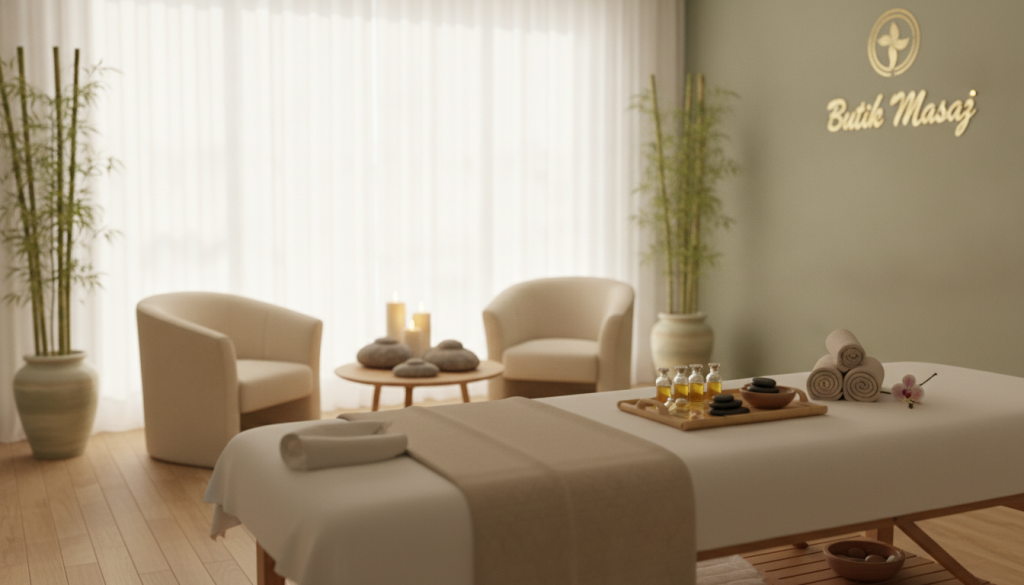 A serene and inviting massage salon interior showcasing high-quality service at “Butik Masaj”. In the foreground, a well-organized massage table adorned with soft, luxurious linens and neatly arranged aromatic oils. The middle ground features a tranquil seating area with plush chairs, bamboo plants, and calming decorative elements like stones and candles to enhance relaxation. In the background, softly diffused daylight filters through sheer curtains, creating a warm and welcoming atmosphere. The overall mood is peaceful and soothing, ideal for a professional spa experience. Use a soft focus lens to emphasize tranquility, capturing the essence of indulgence and quality service in a tasteful manner.