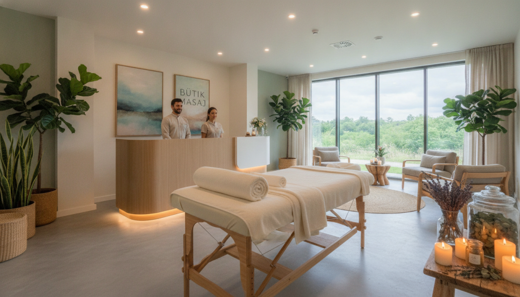 A serene and inviting massage salon named "Butik Masaj" in Göktürk. The foreground features a beautifully arranged massage table with soft towels and aromatic candles, creating a relaxing ambiance. In the middle, a well-appointed reception area with lush plants and calming artwork enhances the welcoming atmosphere. The background showcases large windows allowing soft, natural light to flood the space, highlighting soothing colors and textures. The overall mood is tranquil and professional, perfect for a premium massage experience. Capture a sense of peace and relaxation, with a clean, minimalist design emphasizing comfort and quality. Use a wide-angle lens to encompass the layout, ensuring warm, inviting lighting throughout. No text, people in professional attire are optional, ensuring a safe-for-work representation.