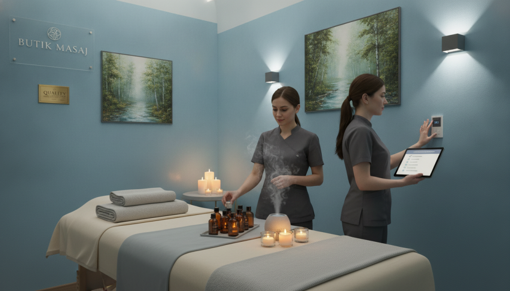 A serene and inviting massage salon service area, showcasing a sophisticated ambiance. In the foreground, a beautifully arranged massage table adorned with soft, neutral-colored linens, accompanied by aromatic essential oils and candles casting a warm glow. In the middle ground, skilled therapists in professional attire attentively prepare the space, with one arranging the massage oils and the other checking the ambiance. The background displays calming, soft blue walls with tasteful artwork depicting tranquil nature scenes, accentuated by gentle lighting that enhances the relaxing atmosphere. This image encapsulates the essence of a quality massage experience, representative of the "Butik Masaj" brand, emphasizing evaluation methods for service areas in a professional and serene setting.