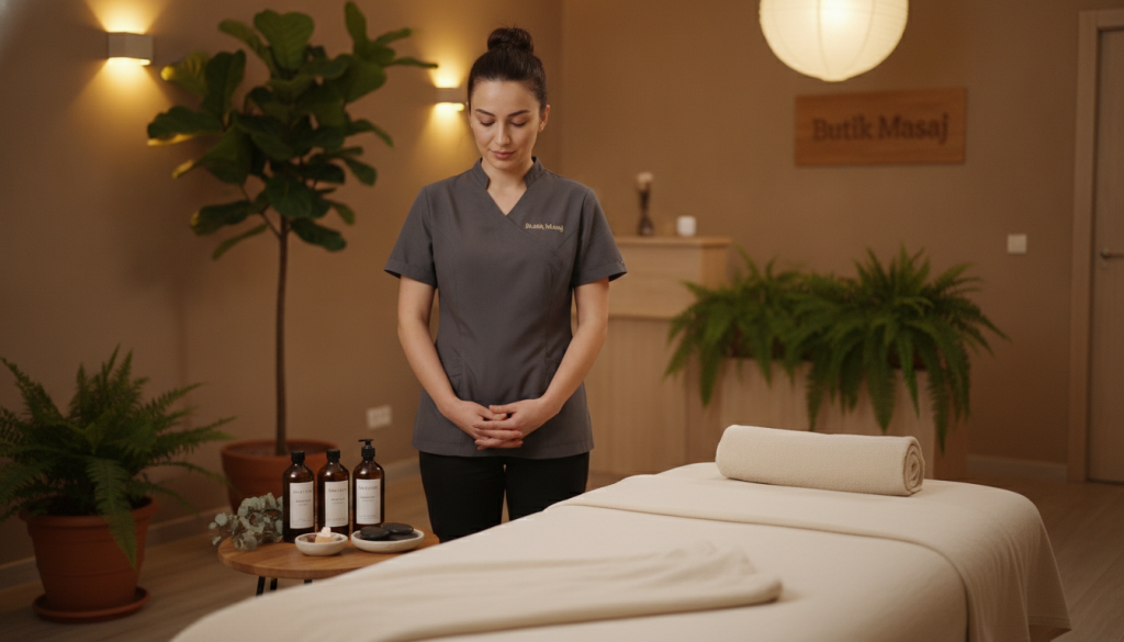 A serene and inviting massage therapy appointment setup in a calming spa environment. In the foreground, a cozy massage table is neatly made with soft, white linens, and a small selection of professional massage oils elegantly displayed. In the middle, a skilled female massage therapist in professional attire is preparing for an appointment, focused and poised, fostering a sense of trust and professionalism. The background features soft, ambient lighting with natural elements like potted plants and soft, neutral colors creating a soothing atmosphere. The overall mood is relaxed yet professional, emphasizing the care and attention needed when booking a massage. Include subtle branding elements for “Butik Masaj” in the environment to reinforce the theme.