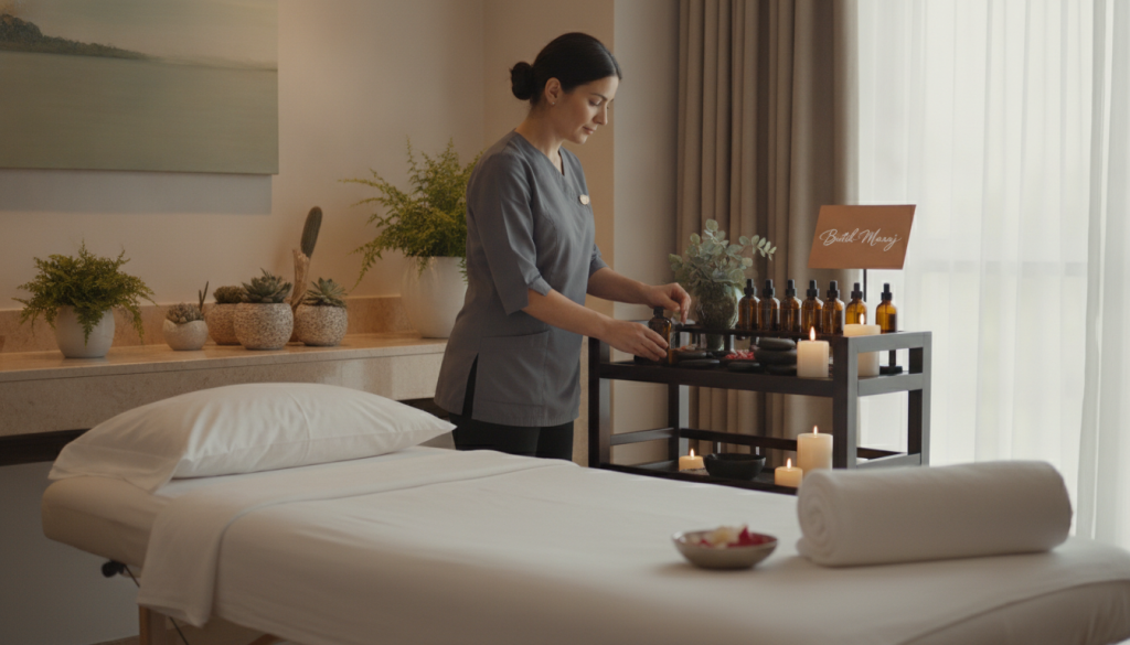 A serene and inviting massage therapy preparation scene, showcasing a well-decorated massage room in a luxurious hotel. In the foreground, a neatly arranged massage table with crisp white linens and soft pillows, exuding comfort and cleanliness. The middle layer features a professional massage therapist, dressed in a simple yet stylish outfit, preparing essential oils and aromatherapy candles on a nearby shelf. The background is softly lit, with gentle ambient lighting highlighting calming colors on the walls and plants that add a touch of tranquility. The atmosphere evokes relaxation and professionalism, creating an ideal setting for a massage appointment. The brand name "Butik Masaj" is subtly incorporated into the decor as a tasteful element.