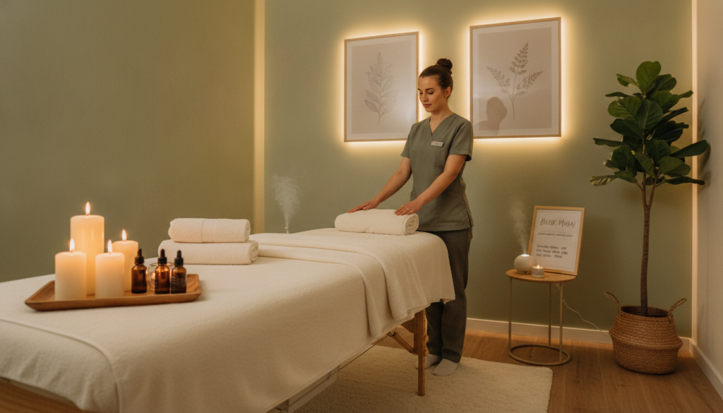 A serene and inviting massage therapy room at "Butik Masaj," designed with calming colors and elegant furnishings. In the foreground, a neatly arranged massage table surrounded by soothing decor, including candles, soft towels, and aromatic essential oils. In the middle, a professional therapist, dressed in modest attire, prepares the space, showcasing attentive care and consideration for client comfort. The background features soft ambient lighting that casts a warm glow, creating a tranquil atmosphere, complemented by subtle plants and relaxing wall art. The composition reflects professionalism and choice, inviting viewers to consider the essence of selecting a quality massage venue while emphasizing the affordability aspect highlighted by the prices. The perspective is slightly angled, capturing depth and inviting the viewer into this serene environment.