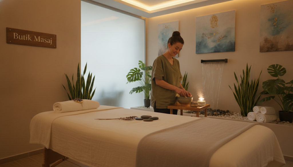 A serene and inviting massage therapy room at "Butik Masaj" in Bakırköy. In the foreground, a comfortable massage table adorned with soft, neutral-colored linens. A tranquil setting with gentle ambient lighting, casting a warm glow. In the middle ground, a skilled, professional massage therapist dressed in modest, casual attire prepares soothing oils and fresh towels. The background features calming elements like a small indoor fountain, potted plants, and soft artwork on the walls, creating a peaceful atmosphere. The overall mood is soothing and welcoming, suitable for a health-focused consultation before a massage session, emphasizing relaxation and professionalism. The angle captures the essence of a safe and comforting environment for clients.