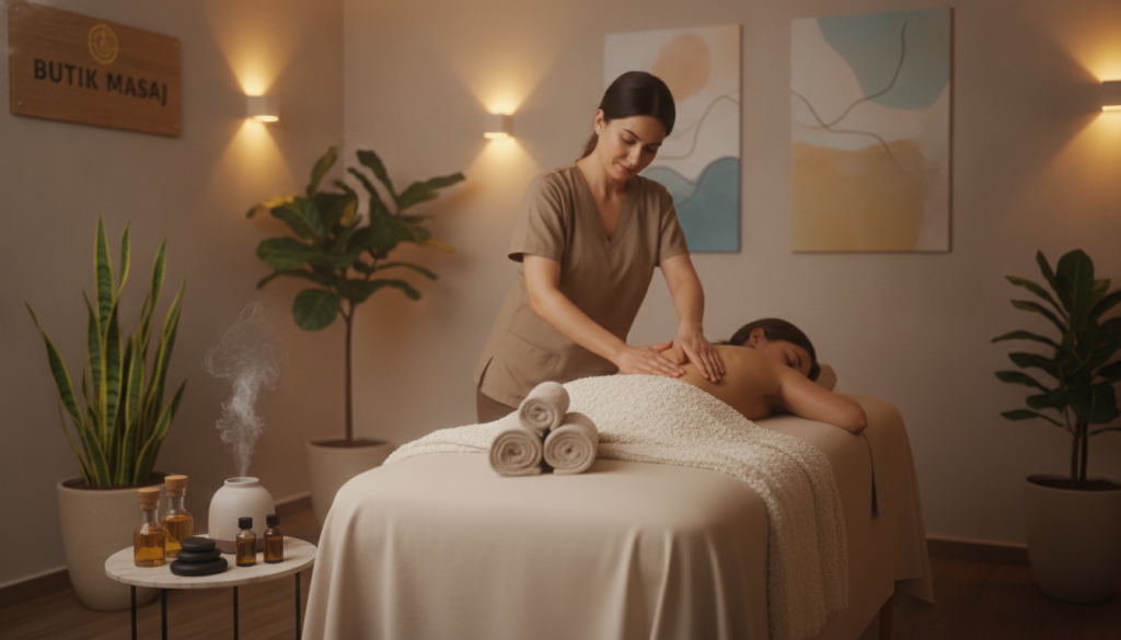 A serene and inviting massage therapy room at "Butik Masaj" in Göktürk. The foreground features a well-set massage table adorned with soft, luxurious linens and calming essential oils arranged nearby. In the middle, a professional masseuse dressed in modest, comfortable clothing demonstrates popular massage techniques, such as Swedish and deep tissue, with focused attention on a client receiving treatment. The background showcases soothing décor, including soft ambient lighting, peaceful wall art, and indoor plants that add a touch of nature. The overall atmosphere is tranquil and relaxing, conveying a sense of rejuvenation and comfort. The scene is captured with a soft focus, creating warmth and serenity throughout the image.