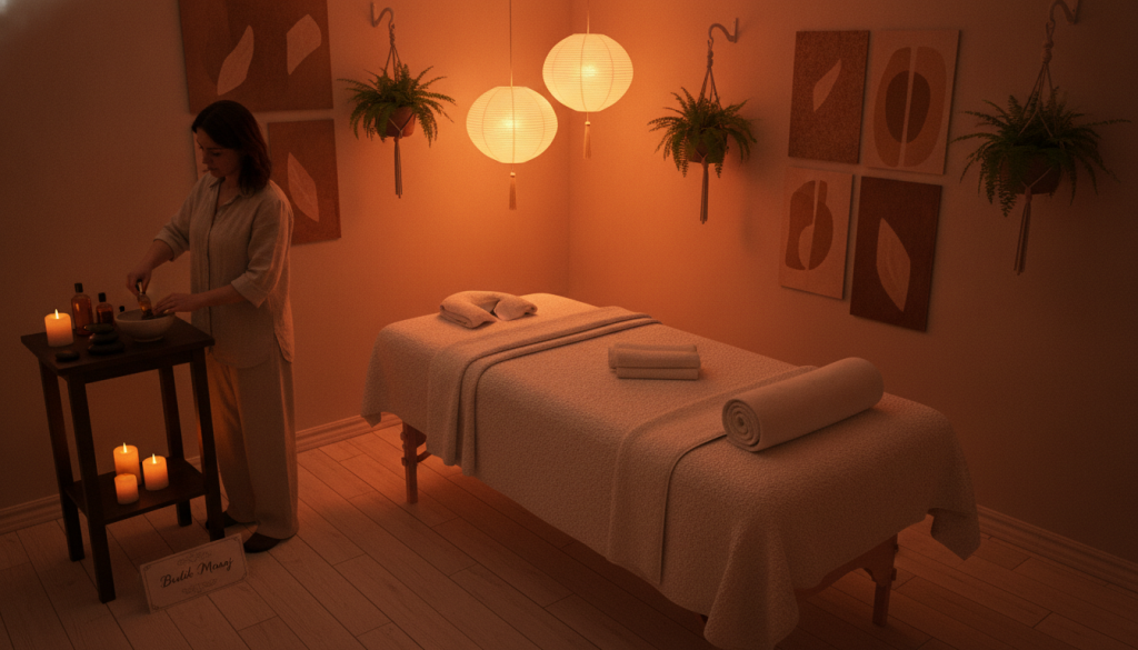 A serene and inviting massage therapy room at "Butik Masaj," showcasing a comfortable massage table adorned with soft, plush towels. In the foreground, a professional therapist in modest casual clothing is gently preparing essential oils on a nearby table, conveying a sense of professionalism and care. The middle ground features candles and soothing stones, while relaxing ambient light emanates from soft lanterns, creating a calming glow that fills the space. In the background, potted plants and warm-toned wall decorations enhance the tranquil atmosphere. The overall mood is peaceful and relaxing, emphasizing the importance of comfort and ambiance in a massage experience. The angle is slightly elevated to capture the entire scene, inviting viewers into this peaceful sanctuary.