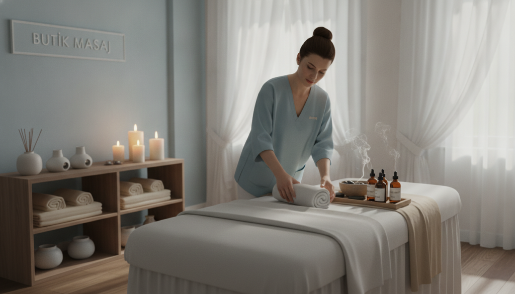 A serene and inviting massage therapy room, designed by Butik Masaj, featuring a soft, calming color palette of light blues and neutral tones. In the foreground, a professional massage therapist, dressed in a simple, elegant outfit, prepares the massage table with fresh linens and essential oils. The therapist’s face expresses concentration and professionalism, embodying expertise and care. The middle ground showcases well-organized tools such as massage oils, towels, and aromatic candles, instantly conveying a sense of relaxation. In the background, soft natural light filters through sheer curtains, casting gentle shadows and enhancing the tranquil atmosphere. The composition is warm and welcoming, evoking a feeling of trust and comfort suitable for discussing professional experience and the importance of expert selection in massage therapy.