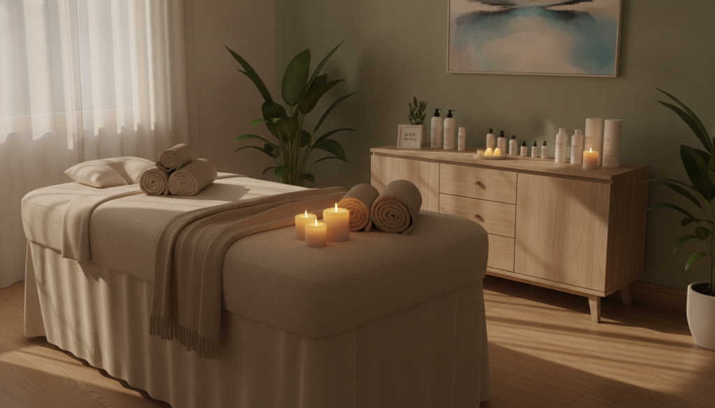 A serene and inviting massage therapy room in Esenyurt, showcasing the essence of relaxation. In the foreground, a massage table adorned with soft, neutral-toned linens, surrounded by plush towels and aromatic candles. In the middle, a sleek and modern treatment console showcasing products, with a window allowing soft, natural light to filter in, casting gentle shadows. The background features tasteful décor, including calming artwork and houseplants that add a touch of nature. The atmosphere radiates tranquility and professionalism, reflecting the ethos of Butik Masaj. The overall lighting is warm and soothing, creating a peaceful ambiance perfect for relaxation and rejuvenation. The viewpoint is slightly angled for depth, emphasizing the inviting space.