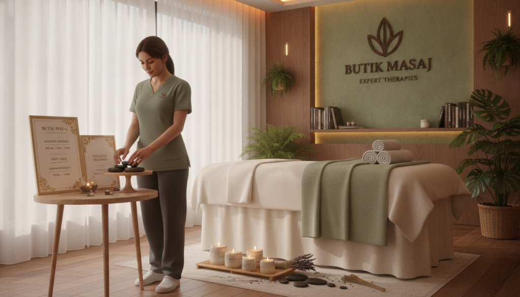 A serene and inviting massage therapy room, showcasing high-quality massage pricing represented through elegantly displayed price lists on a soft, minimalist table. In the foreground, a professional therapist in modest casual attire prepares for a session, exuding expertise and warmth. The middle of the scene features a cozy massage table adorned with plush towels and aromatic candles, infusing the air with a calming ambiance. The background captures soft, ambient lighting with soothing colors, like gentle greens and warm browns, enhancing relaxation. Delicate plants and natural elements are included to suggest tranquility and wellness. The brand name "Butik Masaj" is subtly integrated into the decor, ensuring a professional and inviting atmosphere. The overall mood reflects a focus on the importance of education and expertise in massage therapy.