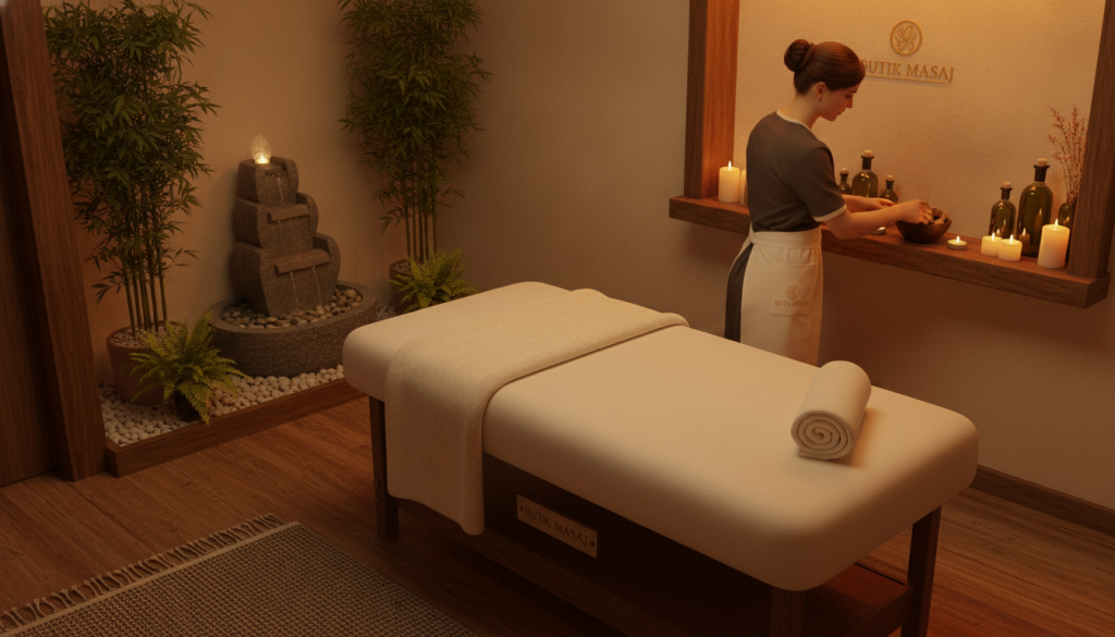 A serene and inviting massage therapy room, showcasing professional massage services, under soft, warm lighting that creates a calming atmosphere. In the foreground, a neatly arranged massage table draped with fresh, clean linens, symbolizing comfort and relaxation. In the middle ground, a qualified therapist wearing a professional uniform is preparing oils and aromatic candles on a wooden shelf. The background features soothing elements like a tranquil water fountain and plants, enhancing the sense of tranquility. The warm color palette evokes a feeling of peacefulness. Display the brand name "Butik Masaj" subtly within the room decor. Capture this scene from a slightly elevated angle, focusing on an overall harmonious and welcoming ambiance conducive to relaxation and wellness.