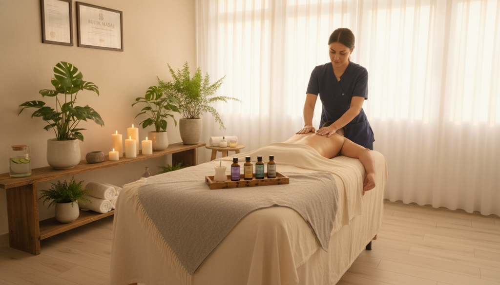 A serene and inviting massage therapy setting at "Butik Masaj" in Ümraniye. In the foreground, a massage table is elegantly arranged with soft, neutral linens and calming essential oils in the background. A therapist dressed in professional attire is demonstrating a technique, showcasing a gentle and focused expression. The middle ground features calming elements like candles and plants, creating a nurturing atmosphere. The background includes soft lighting that mimics natural daylight filtering through sheer curtains, enhancing the tranquility of the space. The overall mood is peaceful and professional, ideally suited for illustrating the significance of massage training and certifications.