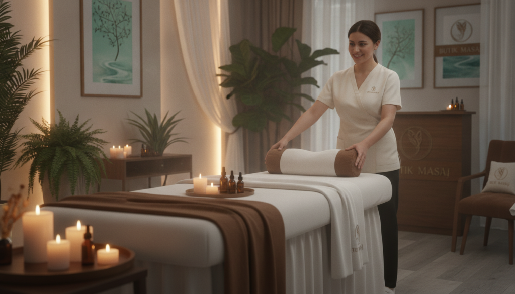 A serene and inviting massage therapy setting, featuring a beautifully arranged massage room. In the foreground, a plush massage table draped with soft, clean linens, surrounded by aromatic candles and calming essential oils. The middle of the scene showcases a skilled massage therapist in professional attire, preparing for an appointment, demonstrating a welcoming demeanor and a focus on relaxation. In the background, soft, warm lighting enhances the tranquil atmosphere, with serene nature-themed decor, such as plants and soothing artwork, that embodies peace and wellness. The brand name "Butik Masaj" is subtly incorporated into the decor. The overall mood is peaceful and inviting, promoting the importance of booking a massage appointment for relaxation and well-being.