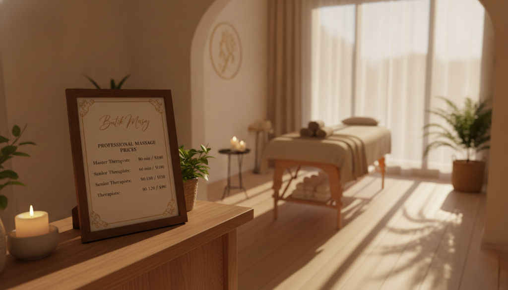 A serene and inviting massage therapy setting showcasing professional massage prices. In the foreground, a neatly arranged price list on a beautifully designed wooden reception desk, featuring the brand name "Butik Masaj" elegantly displayed. The middle ground features a calm therapy room with a massage table covered in soft linens and soothing décor, including candles and plants for relaxation. The background presents a large window letting in warm, natural light, casting gentle shadows and creating an inviting atmosphere. The overall mood is tranquil and welcoming, emphasizing professionalism and expertise in massage therapy, with a focus on the varying levels of practitioners' expertise. Use a soft focus effect to enhance tranquility, shot at a slight angle to capture depth.