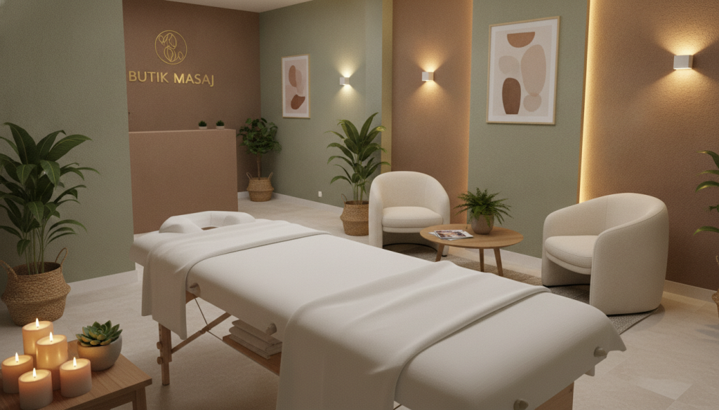 A serene and inviting professional massage salon named "Butik Masaj" is depicted in this image. In the foreground, a beautifully arranged massage table with soft white linens and aromatic candles on a side table creates a calming atmosphere. The middle ground features a cozy waiting area with stylish chairs and houseplants, emphasizing comfort and relaxation. In the background, warm, ambient lighting casts a gentle glow, highlighting elegant wall decor and soothing colors such as soft greens and browns. The mood is tranquil and rejuvenating, inviting clients into a space of peace and wellness. The camera angle is slightly elevated, capturing the entire room, creating a sense of openness and serenity.