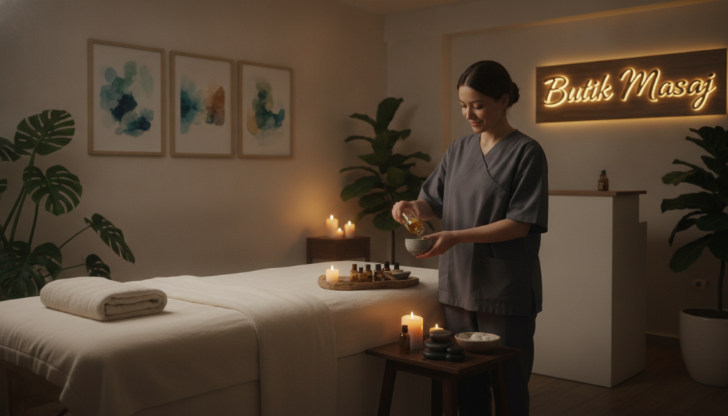 A serene and inviting professional massage setting in Kadıköy, showcasing the brand name "Butik Masaj." In the foreground, a massage table is draped with soft, neutral-toned linens. A skilled therapist, dressed in modest, professional attire, prepares soothing massage oils, with a gentle smile reflecting calmness. In the middle ground, essential oils and candles are strategically placed, creating a relaxing atmosphere. The background features softly lit walls adorned with calming artwork and potted plants, contributing to a tranquil ambiance. Warm, diffused lighting enhances the peaceful mood. The scene captures the essence of a welcoming massage therapy environment, ideal for those seeking the right type of massage.