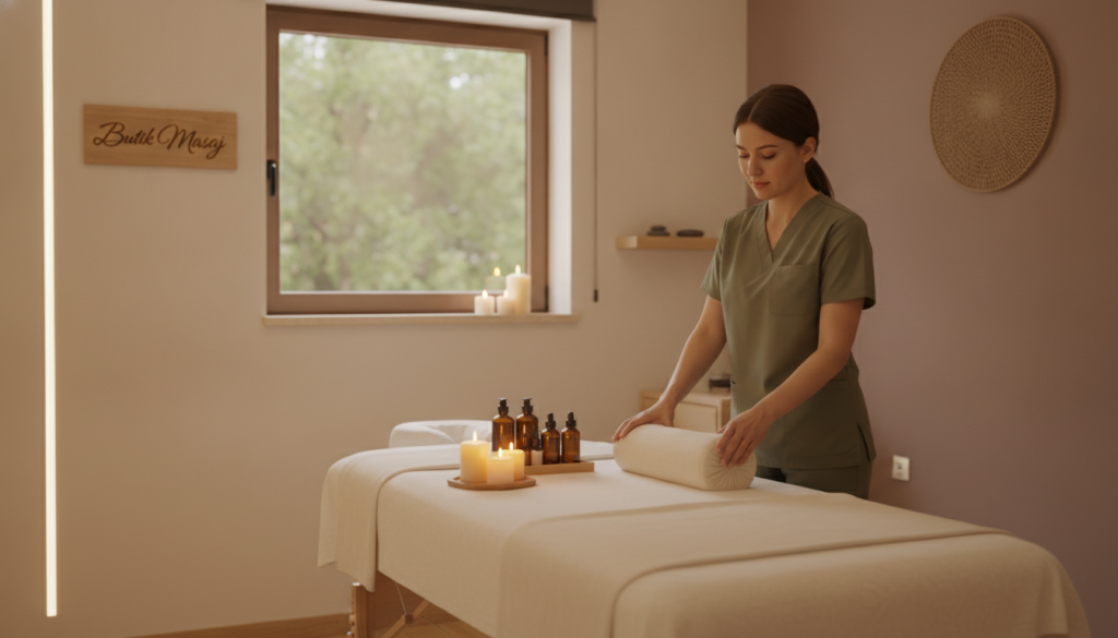 A serene and inviting professional massage therapy room characterized by soft, warm lighting that creates a calming atmosphere. In the foreground, a neatly arranged massage table with fresh, clean linens, accented by soothing aromatherapy oils and candles. In the middle, a licensed massage therapist in a professional outfit, focusing on preparing for a session, showcasing expertise and tranquility. The background features gentle greenery visible through a window, enhancing the natural, peaceful ambiance. Subtle hues of cream and soft earth tones adorn the walls, while minimalistic decor adds to the overall relaxation theme. The brand name "Butik Masaj" should be subtly integrated into the calming atmosphere, emphasizing professionalism and comfort in this tranquil space.