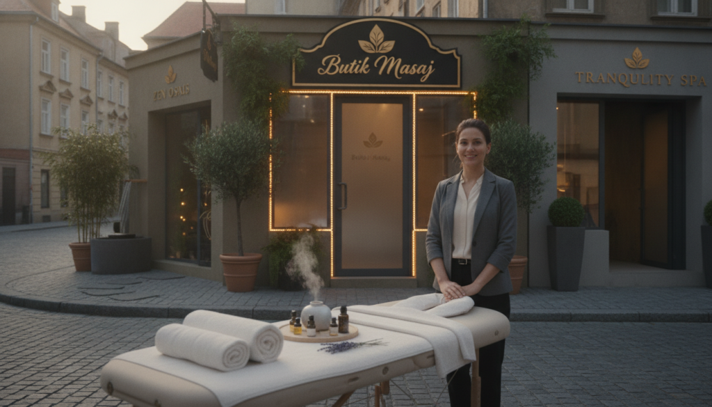 A serene and inviting scene depicting a selection of massage salons, focusing on a stylish boutique called "Butik Masaj." In the foreground, a professional-looking female therapist in modest business attire stands next to a softly lit, elegantly decorated massage table adorned with fresh towels and essential oils. The middle ground features a selection of beautifully designed salon entrances with warm, welcoming lights and lush plants, creating a tranquil atmosphere. In the background, a peaceful urban setting with quiet streets and calming colors complements the scene. The lighting is soft and warm, evoking a sense of relaxation and professionalism. The overall mood is peaceful, encouraging viewers to reflect on their options for selecting the perfect massage salon.
