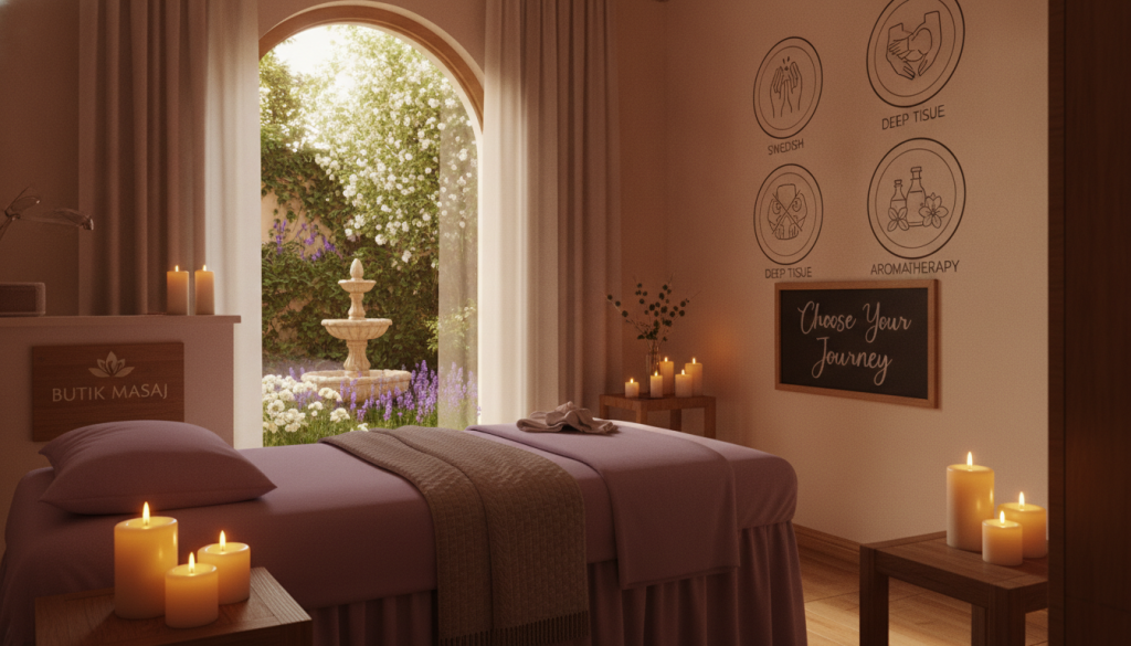 A serene and inviting scene depicting various types of massages offered at Butik Masaj. In the foreground, a cozy treatment room showcases a massage table with soothing lavender linens, soft ambient lighting, and aromatic candles. The middle ground features a tranquil space featuring visual representations of different massage techniques, like Swedish, deep tissue, and aromatherapy, illustrated through elegant graphic icons or framed images on the wall. In the background, a peaceful garden view is visible through a large window, enhancing the calming atmosphere. The overall mood is relaxed and harmonious, suggesting a sanctuary for wellness. The lighting is warm and soft, evoking tranquility and comfort, ideal for choosing a neighborhood based on massage types.