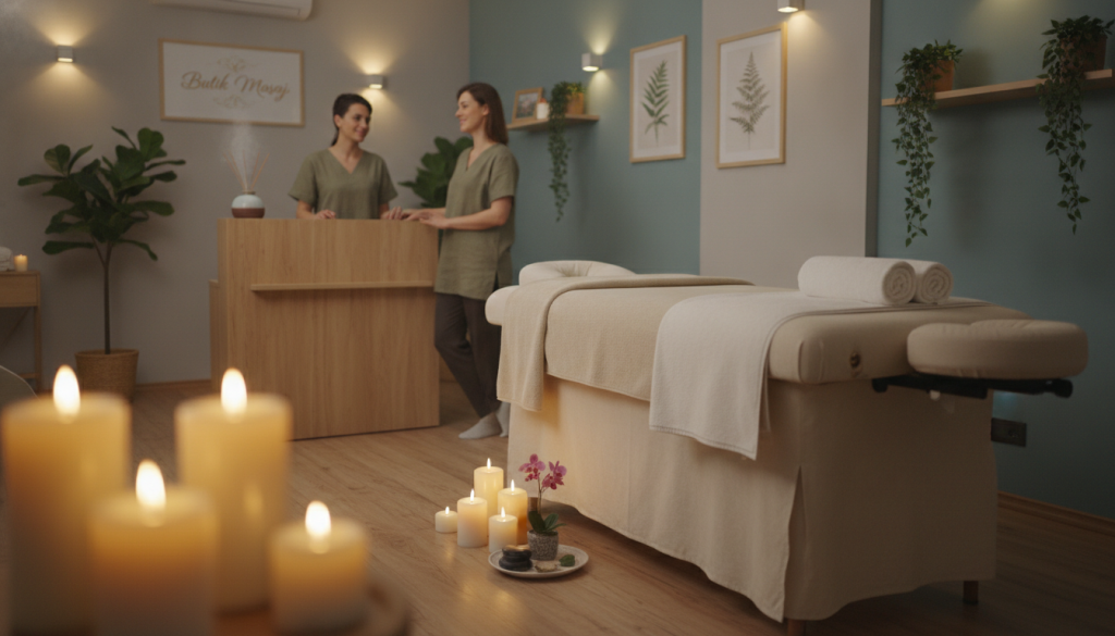 A serene and inviting scene of a Bayrampaşa massage salon named "Butik Masaj". In the foreground, a well-arranged massage table adorned with soft, inviting linens and elegant candles flickering gently, casting a warm, calming glow. In the middle ground, a professional therapist dressed in modest casual clothing stands beside a neatly organized reception desk, engaging with a client in a welcoming manner. The background features tranquil decor with soothing colors, lush plants, and dim light that enhances relaxation. The atmosphere is peaceful and professional, evoking trust and comfort, suitable for a massage therapy environment. The image should capture a sense of quality and professionalism, with soft lighting that emphasizes the peaceful ambiance of the salon.