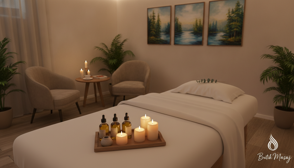 A serene and inviting scene of a massage therapy setting, featuring a peaceful, well-lit room with soft, warm lighting. In the foreground, a beautifully arranged massage table draped with fresh white linens, adorned with calming candles and essential oil bottles. In the middle ground, a cozy seating area with lush green plants and elegant decor that speaks of relaxation and tranquility. The background showcases soothing artwork depicting nature, contributing to the overall calming atmosphere. A discreet logo reading "Butik Masaj" is placed subtly in the corner. The image should evoke a sense of calm and professionalism, ideal for demonstrating the importance of timing in scheduling a massage appointment. The angle should be slightly tilted to capture the entire ambiance, creating a warm and inviting mood.