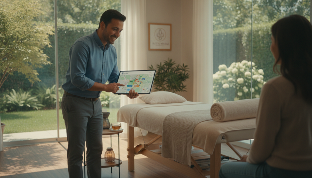 A serene and inviting scene portraying a professional massage consultation area, highlighting the concept of distance calculation for massage appointments in Büyükçekmece. In the foreground, a friendly consultant, dressed in smart casual attire, is pointing at a large digital map displayed on a tablet, showcasing massage distance metrics. In the middle ground, a comfortable massage bed is set up with soft towels and relaxing ambiance. In the background, large windows offer a view of a tranquil garden, filled with greenery and gentle sunlight filtering through. The setting exudes calmness and professionalism, ideal for Butik Masaj's serene atmosphere. The lighting is warm and soft, enhancing a welcoming and peaceful mood.