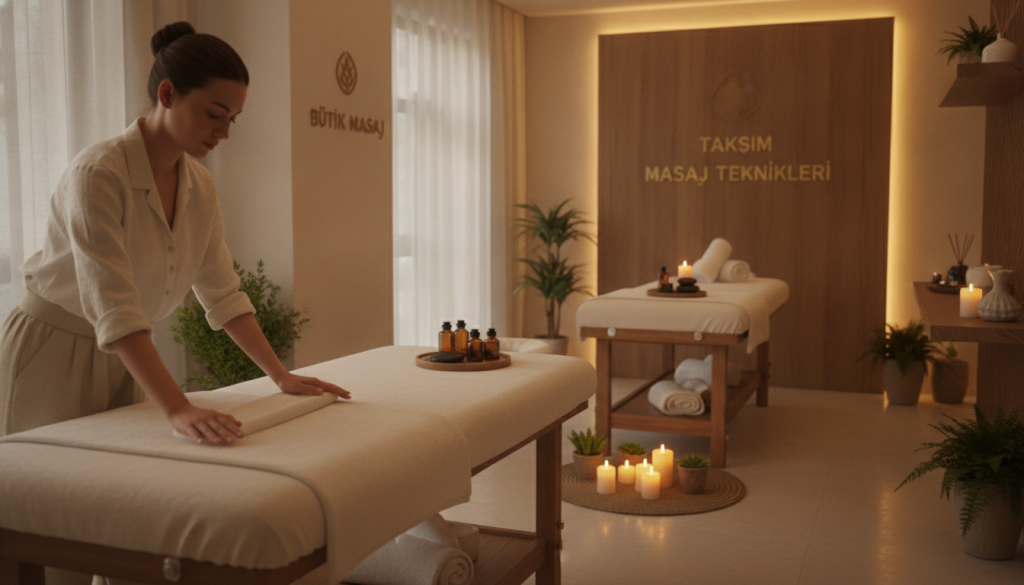 A serene and inviting spa environment featuring the concept of "Taksim Masaj Teknikleri". In the foreground, a professional massage therapist in modest casual clothing prepares a massage table with soft, clean linens. The middle section showcases a tranquil treatment room adorned with calming decor, towels, and essential oils, emphasizing a relaxing atmosphere. In the background, gentle lighting casts a warm glow over the scene, enhancing the sense of peace. Add elements like relaxing candles and potted plants to create a harmonious ambiance. The overall mood is tranquil and soothing, ideal for preparing guests for their massage experience. Include the brand name "Butik Masaj" subtly in the decor, ensuring it aligns seamlessly with the tranquil setting.