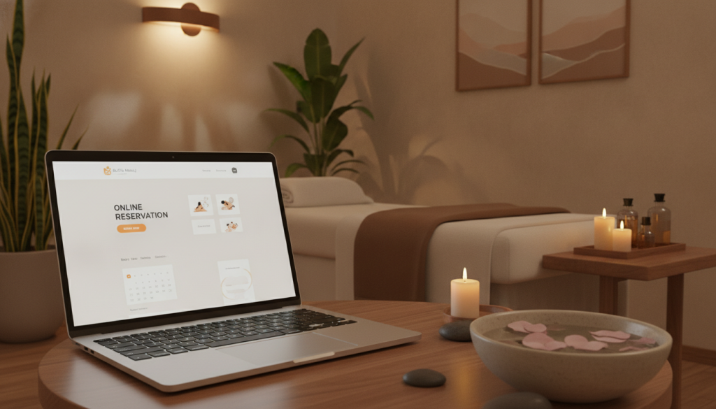 A serene and inviting spa environment representing "Butik Masaj" with a focus on online reservation features. In the foreground, a sleek modern laptop is open, displaying a clean and user-friendly website interface for booking massage sessions, with a soft glow from the screen illuminating the surrounding area. In the middle ground, a comfortable massage table adorned with soft towels and aromatic candles sets a tranquil atmosphere, highlighting the essence of relaxation. The background features tasteful spa decor, including indoor plants and calming artwork. Soft, warm lighting casts gentle shadows, enhancing the soothing mood. The scene conveys professionalism and ease, ideal for online booking, while maintaining a calm and welcoming ambiance.