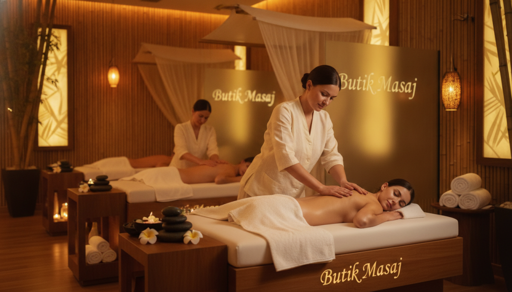 A serene and inviting spa environment showcasing various alternative massage techniques. In the foreground, a professional massage therapist in modest casual attire demonstrates a unique massage method, focusing on a client's back, while employing soothing strokes and gentle pressure. In the middle, several massage therapy stations are visible, adorned with natural elements like stones, flowers, and soft towels. The background is filled with bamboo decor and soft, ambient lighting that creates a calming atmosphere. Use a warm color palette to evoke relaxation and tranquility. The lens should capture a cozy, intimate angle, enhancing the overall soothing mood, while subtly displaying the brand name "Butik Masaj" integrated into the decor of the spa environment.