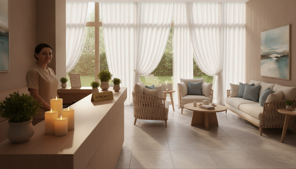 A serene and inviting spa lobby of "Butik Masaj" in Maltepe, showcasing a luxurious yet calming environment. In the foreground, a beautifully arranged reception area with a wooden desk adorned with small plants and candles emits a warm glow. The middle ground reveals a cozy seating area with plush chairs and soft cushions, arranged around a delicate coffee table. The background features large windows allowing natural light to filter through sheer curtains, illuminating the space with a soothing ambiance. The overall atmosphere conveys relaxation and tranquility, complemented by soft, diffused lighting. Emphasize a professional and welcoming tone, suitable for a spa setting. The image should inspire a sense of peace, ideal for illustrating the preparation process before a massage.