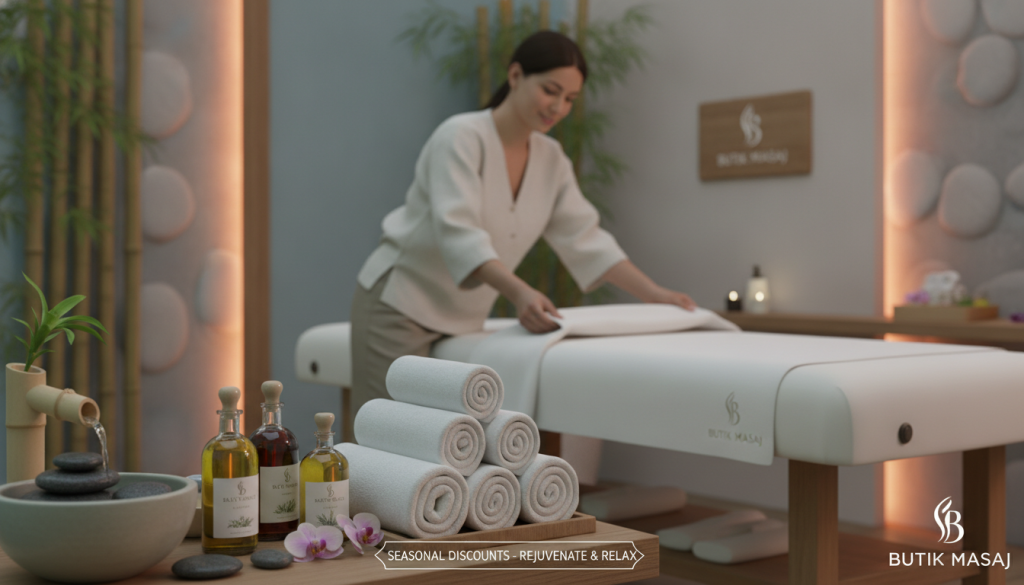 A serene and inviting spa setting with soothing colors and relaxing textures. In the foreground, there are calming essential oils and elegantly arranged towels, hinting at massage services. The middle ground features a professional massage therapist dressed in smart casual attire, preparing a massage table, reflecting an atmosphere of care and professionalism. In the background, soft ambient lighting enhances the tranquil mood, illuminating natural elements like bamboo and stones, creating a spa-like escape. The brand name "Butik Masaj" is subtly integrated into the design, harmonizing with the calming environment. The overall atmosphere exudes relaxation and invites readers to explore seasonal discounts and opportunities for rejuvenation.