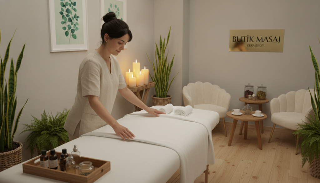 A serene and inviting therapy room designed for "Butik Masaj" in Çekmeköy, showcasing a variety of popular massage types. In the foreground, a professional massage therapist in modest attire gently prepares a massage table with soft white linens and essential oils. The middle ground features an elegant, softly lit ambiance with candles, soothing green plants, and calming artwork on the walls. In the background, there's a cozy lounge area with plush seating and herbal teas on display, creating a comforting atmosphere. The lighting is warm and diffused, emphasizing a tranquil mood. The composition captures a wide-angle view of the room, inviting viewers into a peaceful wellness experience while highlighting the essence of massage therapy.