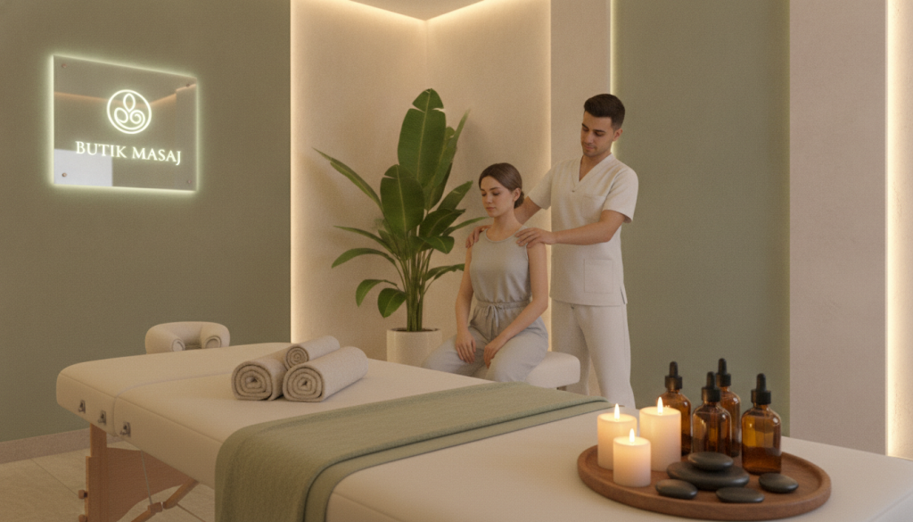 A serene and inviting wellness space showcasing a “rahatlama masajı” setup featuring a soft massage table adorned with plush towels in calming earth tones. The foreground includes a well-equipped massage area with essential oils, a few candles casting a warm glow, and delicate stones arranged for ambiance. In the middle, a trained massage therapist, dressed in professional attire, is demonstrating a massage technique on a client who is comfortably clothed in modest, casual wear. The background reveals a tranquil environment with gentle lighting, indoor plants, and soothing colors that evoke a sense of relaxation. The overall mood should be peaceful and rejuvenating, embodying the essence of therapeutic massage. Includes subtle branding for "Butik Masaj" to reflect the quality of the service offered.