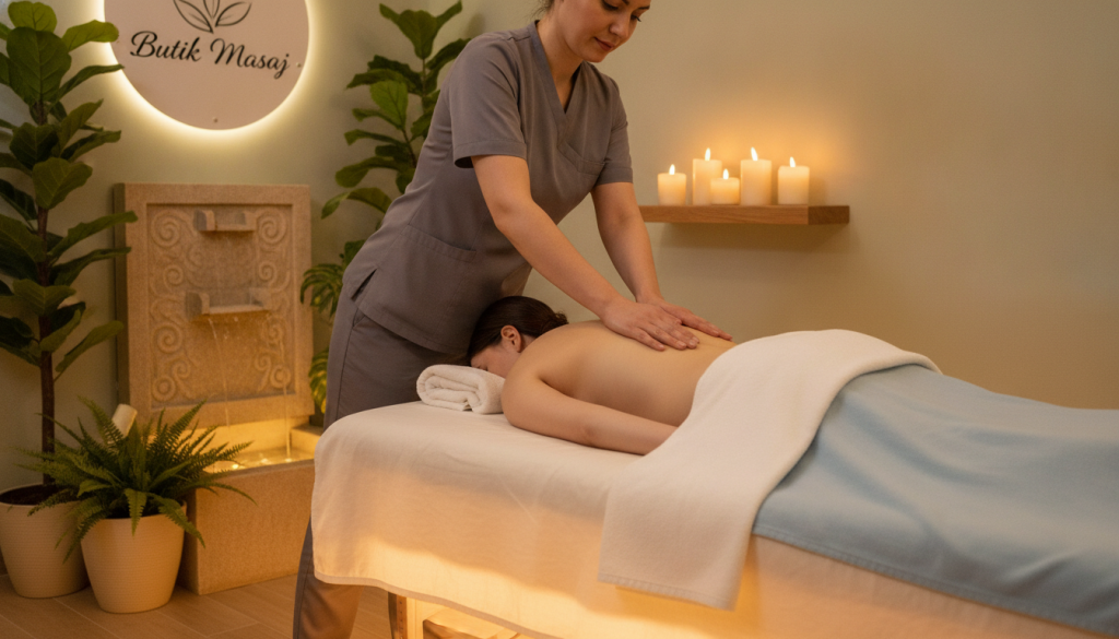 A serene and professional massage therapy room, featuring a massage table in the foreground, draped with soft, clean linens and surrounded by soothing, ambient lighting. In the middle ground, a skilled massage therapist dressed in professional business attire applies gentle techniques to a client lying face down on the table, emphasizing the relaxing atmosphere. The background showcases calming elements such as aromatic candles, green plants, and a tranquil water feature, enhancing the sense of wellness. The lighting is warm and soft, creating a peaceful ambiance. The brand "Butik Masaj" is subtly integrated into the décor, reflecting an inviting and professional massage experience.