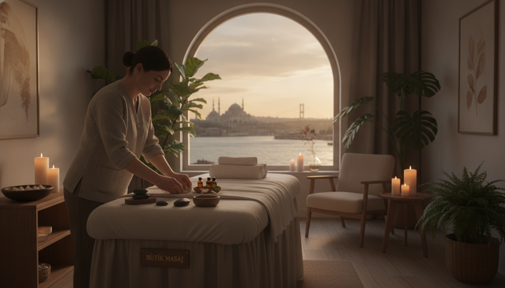 A serene and tranquil scene showcasing a luxurious massage experience in İstanbul. In the foreground, a professional massage therapist, dressed in smart casual attire, is preparing a massage table adorned with soft towels and fragrant oils. The middle ground features a cozy massage room with atmospheric lighting, featuring elegant décor such as candles, indoor plants, and calming artwork. In the background, through a large window, a glimpse of İstanbul's iconic skyline can be seen, with the Bosphorus strait glistening under the warm sunlight. The mood is relaxing and inviting, emphasizing wellness and self-care. The brand name "Butik Masaj" is subtly incorporated through elegant branding on the massage table.