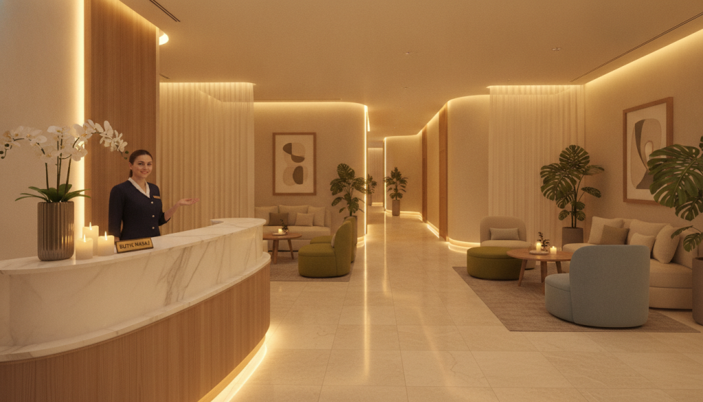 A serene hotel lobby designed for a massage experience, focusing on the "Butik Masaj" brand. In the foreground, a welcoming reception desk adorned with elegant flowers and soft candlelight, manned by a professional staff member in smart attire. In the middle, plush seating areas with contemporary décor, including calming colors and natural elements like plants and art. The background reveals softly lit corridors leading to treatment rooms, creating a sense of tranquility. The lighting is warm and inviting, capturing the essence of relaxation. Shot with a wide-angle lens to emphasize the spaciousness and comfort of the hotel entrance, with a mood that conveys sophistication and relaxation, appealing to guests seeking a rejuvenating experience.