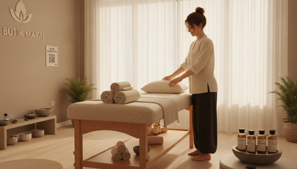 A serene interior of "Butik Masaj", showcasing a calming massage therapy room designed for relaxation. In the foreground, a neatly arranged treatment table with soft towels and soothing essential oils. The middle layer includes a professional therapist, dressed in modest casual clothing, preparing the space with a gentle smile, conveying a welcoming atmosphere. In the background, soft natural light filters through sheer curtains, illuminating the room with a peaceful glow. Light-colored walls and minimalist decor create a tranquil setting, highlighting the theme of comfort and professionalism. The overall mood is soothing and inviting, suggesting a perfect space for online booking of massage services.