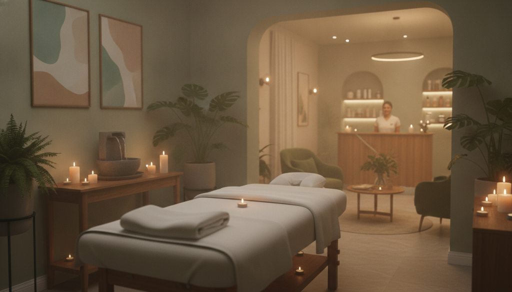 A serene interior of a massage salon named "Butik Masaj" located in Şişli, Istanbul. The foreground features a cozy massage room with a massage table draped in soft, clean linens, surrounded by warm candlelight that casts gentle shadows. In the middle, there are elegant decor elements like potted plants, calming wall art depicting nature scenes, and a small water fountain that adds to the tranquil ambiance. In the background, soft lighting illuminates a reception area with a welcoming atmosphere, featuring modern furnishings and wellness products on display. The atmosphere is peaceful and inviting, with a color palette of soft greens and earth tones to evoke relaxation. Capture the scene with a soft-focus lens angle, creating a warm and calming mood suitable for a luxury wellness experience.