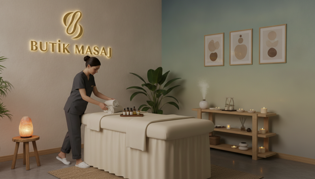 A serene massage room in Sefaköy featuring the brand name "Butik Masaj," elegantly displayed on the wall. In the foreground, a skilled massage therapist, dressed in professional attire, gently prepares a massage table adorned with warmed towels and aromatic oils. The middle ground showcases a calming atmosphere with soft ambient lighting casting a warm glow over natural wood furnishings and potted plants, enhancing relaxation. In the background, a decorative wall with soothing colors and framed artwork evokes tranquility. The scene captures the essence of popular massage types preferred in Sefaköy, inviting viewers to envision a rejuvenating experience. The overall mood is peaceful and inviting, perfect for promoting relaxation and wellness.
